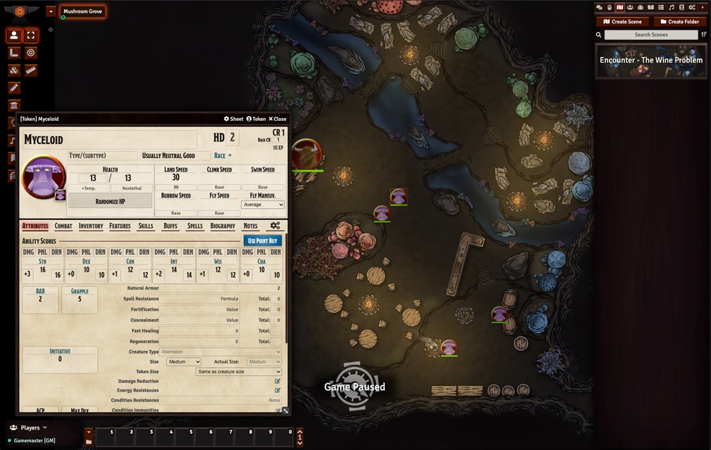A screenshot depicting a cavern scene with an open NPC Character sheet