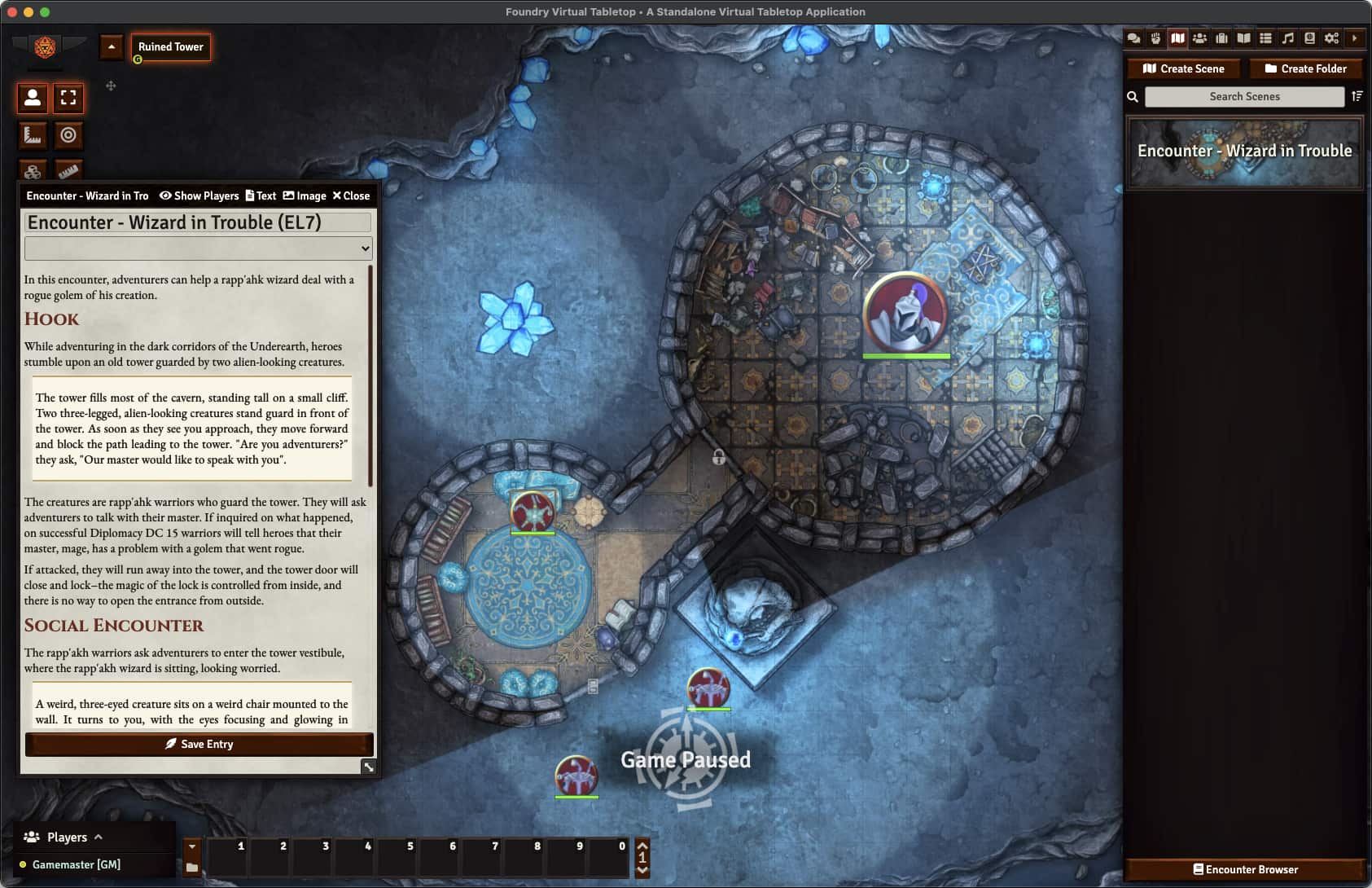 A screenshot depicting a cavern scene with an open NPC Character sheet